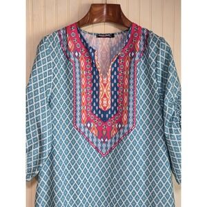 Urban Coco Dress Womens Large Blue Boho Geometric 3/4 Sleeve Shift‎ Tunic